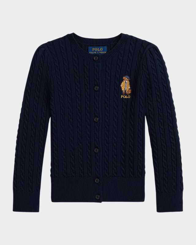 Girl's Polo Bear Mini Cable-Knit Sweater Cardigan, Size 2-